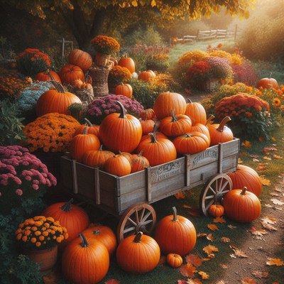 Pumpkins are piled high in a wagon in a fall garden