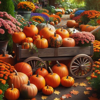 A wooden wagon overflowing with pumpkins sits in a garden