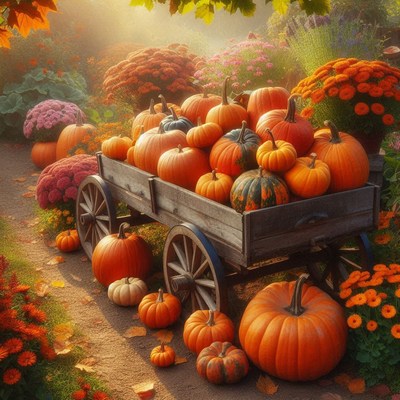 A wagon of pumpkins in the sunny autumn garden