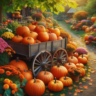 A wagon full of pumpkins sits in a fall garden