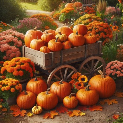 Pumpkins piled high in a wooden wagon in a fall garden