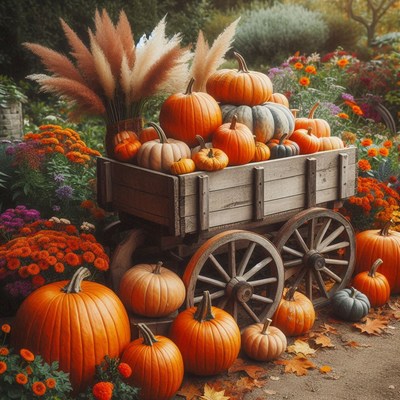 Pumpkins sit in a wagon in a fall garden