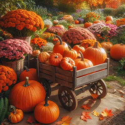 A wagon full of pumpkins sits in a fall garden