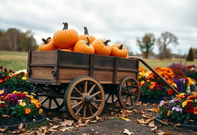 A rustic wooden wagon sits in a field of autumn flowers
