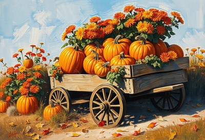 A wagon filled with pumpkins and flowers sits in a field