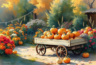 A wagon full of pumpkins sits in a garden on a sunny day