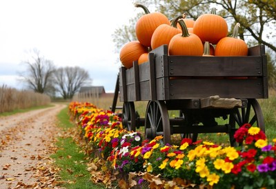 A wagon of pumpkins rests by a flower-lined road