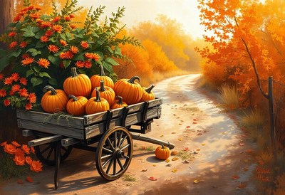 Wooden cart of pumpkins on dirt road in autumn
