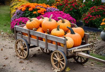 A wagon full of pumpkins sits in front of colorful flowers