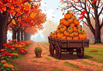 A wooden wagon with large wheels is filled with pumpkins