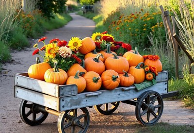 A wagon full of pumpkins sits on a path in a field