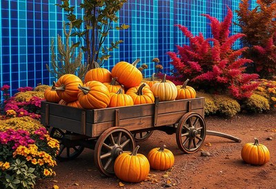 A wagon full of pumpkins sits in front of a blue wall