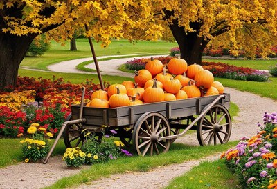 A wagon full of pumpkins sits in a fall garden