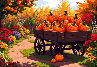 A wagon full of pumpkins sits in an autumnal garden