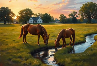 Two horses drink from a stream at sunset in a rural setting
