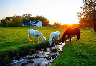 Three horses drink from a stream at sunset