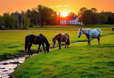 Three horses graze in a field at sunset