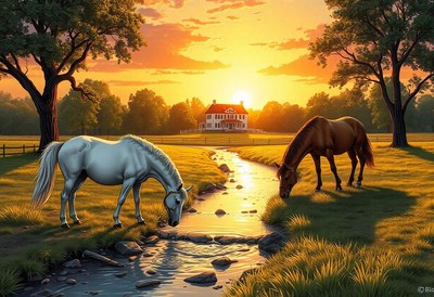 Two horses drink from a creek at sunset
