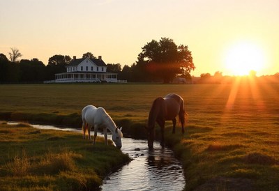 Two horses drink from a creek at sunset