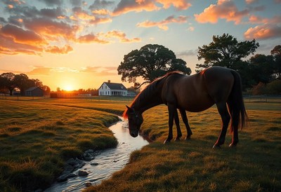 A horse drinks from a stream at sunset on a farm