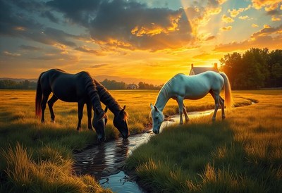 Two horses drink from a stream at sunset