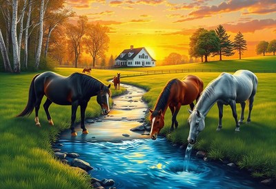 Horses drink from a stream at sunset