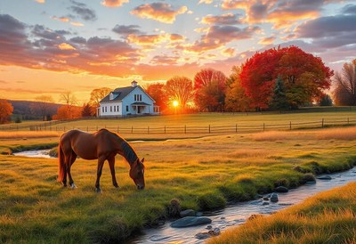 A brown horse grazes by a stream at sunset