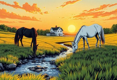 Two horses drink from a stream at sunset