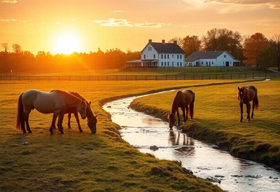 Horses graze near a creek at sunset