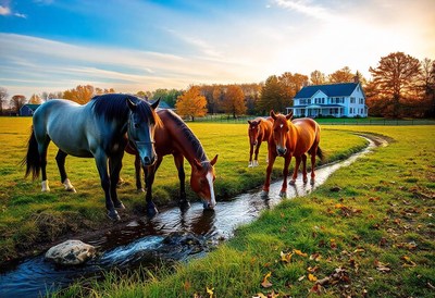 Horses drink from a stream in a rural setting