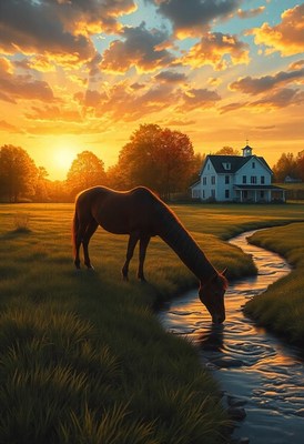 A horse drinks from a stream at sunset