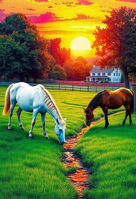 Two horses graze in a meadow at sunset