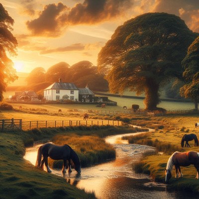 Horses drink from a stream at sunset