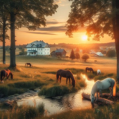 Horses drink from a stream at sunset