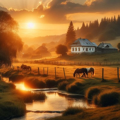 Horses graze by a stream at sunset by mountains