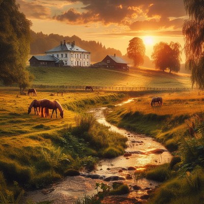 Horses graze peacefully near a creek at sunset