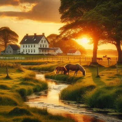 Horses graze by a creek at sunset near a farmhouse