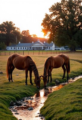 Two horses drink from a stream at sunset