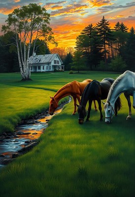 Three horses drink from a stream at sunset