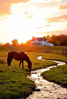 A brown horse drinks from a stream at sunset