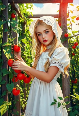 Girl in white dress picks ripe tomatoes in garden