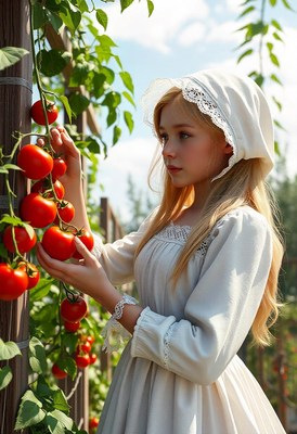 A young woman picks ripe tomatoes in a garden on a sunny day
