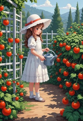 A girl waters tomato plants in a garden