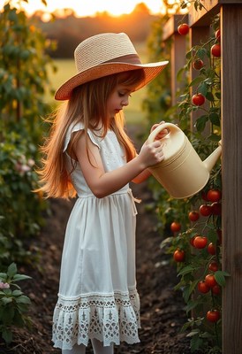 A young girl waters tomato plants in a garden at sunset