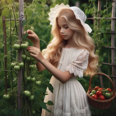 A girl in a white dress picks tomatoes in a garden