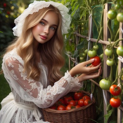 A woman in a white dress picks ripe tomatoes from a vine