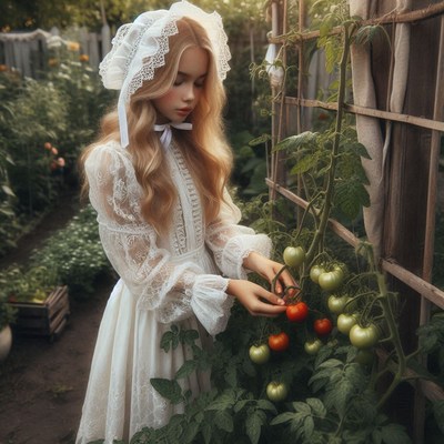 A young woman in a white dress picks tomatoes in a garden