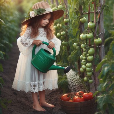 A young girl waters tomato plants in a garden