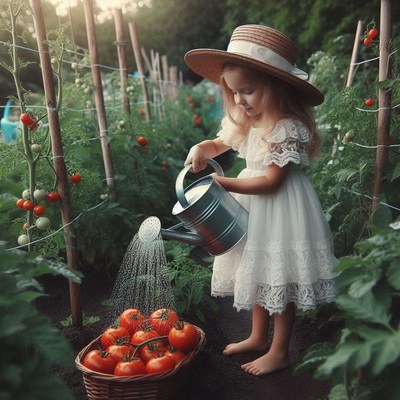 A young girl waters tomato plants in a garden