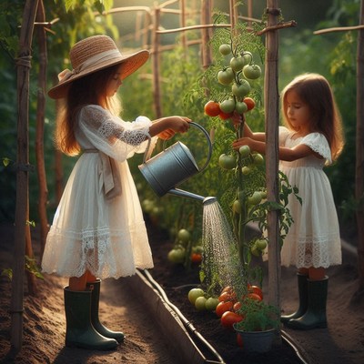 Two girls water a tomato plant in a garden